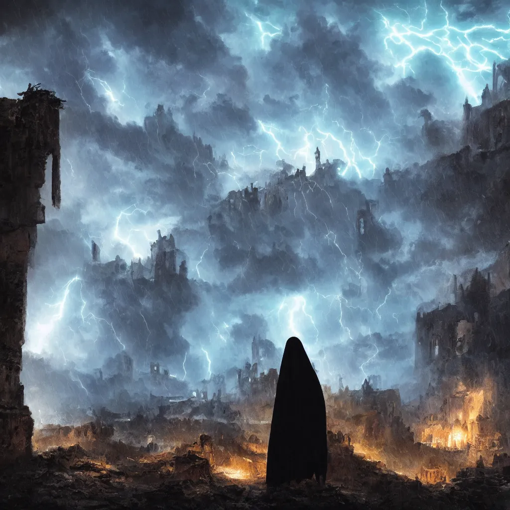 Image similar to a still of a cloaked figure standing in the ruins of crux prime, monastery, there is lightning, blue fiery maelstrom in the distance, it is raining, digital art, artstationhq