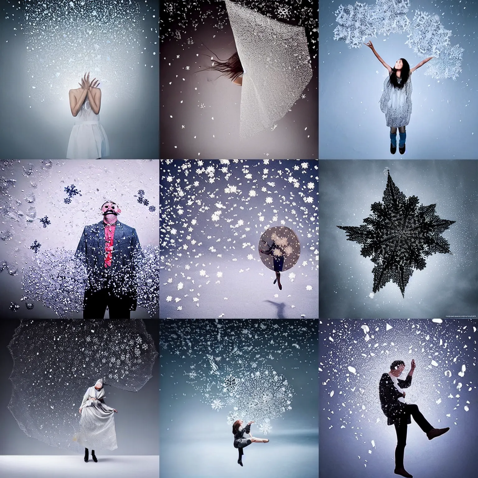 Prompt: surreal photography falling silk snowflakes with tiny faces