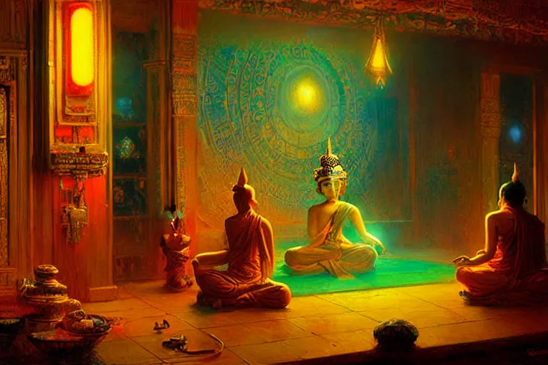 Prompt: buddhism, neon light, painting by gaston bussiere, greg rutkowski, jean giraud