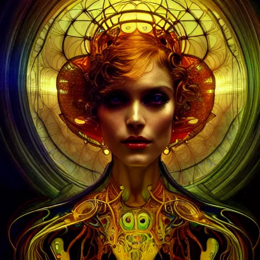 Image similar to extremely psychedelic beautiful cyborg virus infected by night. intricate, elegant, highly detailed, extremely lifelike photorealistic digital painting, artstation. steichen, gaston bussiere, tom bagshaw, cyberpunk alphonse mucha. totally elegant. anatomically correct. sharp focus. black and gold. surreal lush hallucination