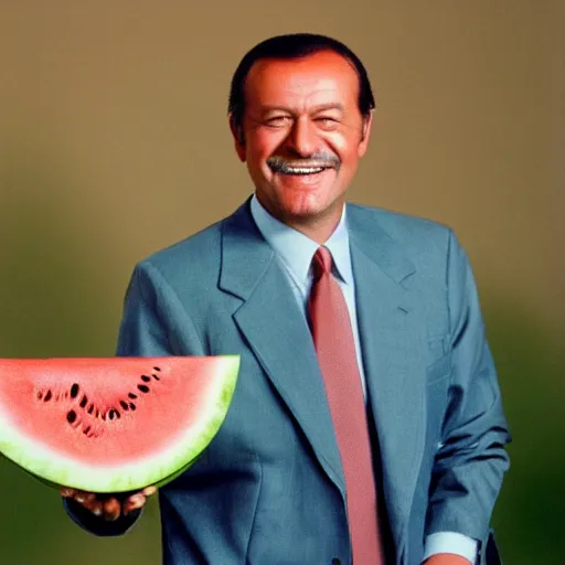 Prompt: recep tayyip smiling holding watermelon for a 1 9 9 0 s sitcom tv show, studio photograph, portrait c 1 2. 0