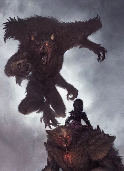 Image similar to a werewolf guardian supporting a small sorcerer girl on his shoulder, ultra detailed, fantasy, dramatic lighting, trending on artstation, award - winning, artgerm and greg rutkowski, 8 k