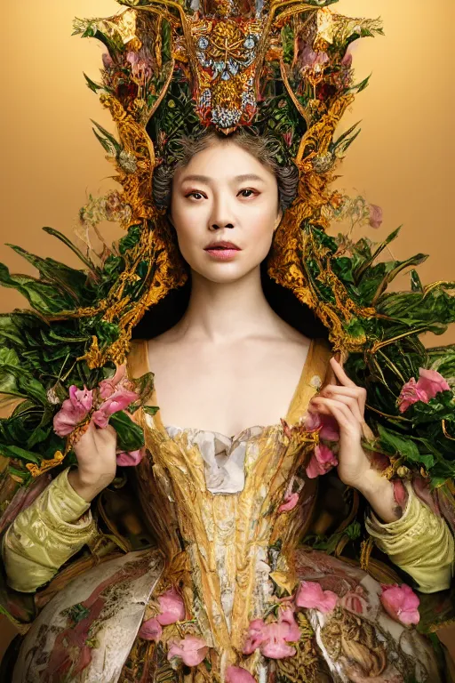 Image similar to a beautiful empress portrait, with a brilliant, impossible striking big salad headpiece, clothes entirely made out of salad, everything salad, symmetrical, dramatic studio lighting, rococo, baroque, greens, asian, hyperrealism, closeup, D&D, fantasy, intricate, elegant, highly detailed, digital painting, artstation, octane render, 8k, concept art, matte, sharp focus, illustration, art by Artgerm and Greg Rutkowski and Alphonse Mucha