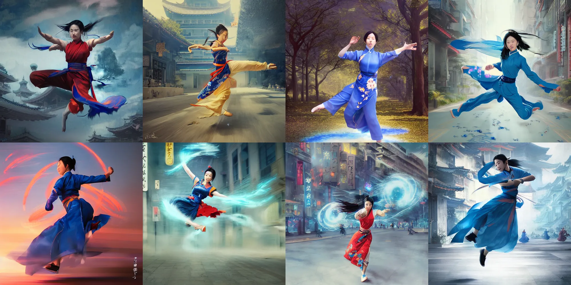Prompt: 春 麗 in a blue qipao, standing, kicking multiple times, long exposure, street fighter, energetic, dynamic, matte painting by greg rutkowski
