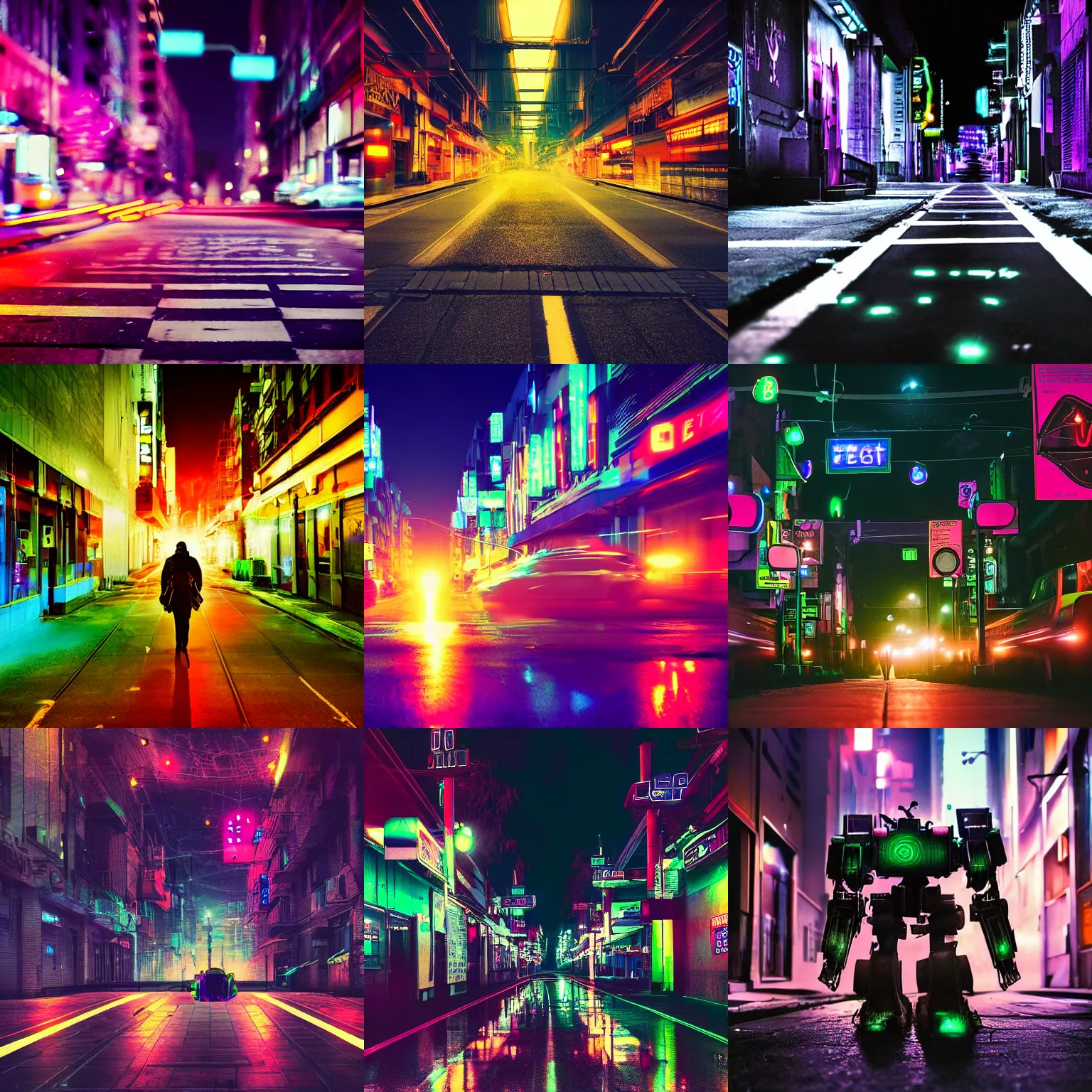 Prompt: battlemech walking down a city street, nighttime, neon lights, broken road, digital photograph, 3 2 megapixel
