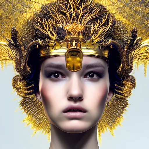 Image similar to a beautiful symmetrical head wearing a crown made of golden ornaments by alex gray and android jones , Karol Bak, Ayami Kojima, Amano , 3D, 8k resolution