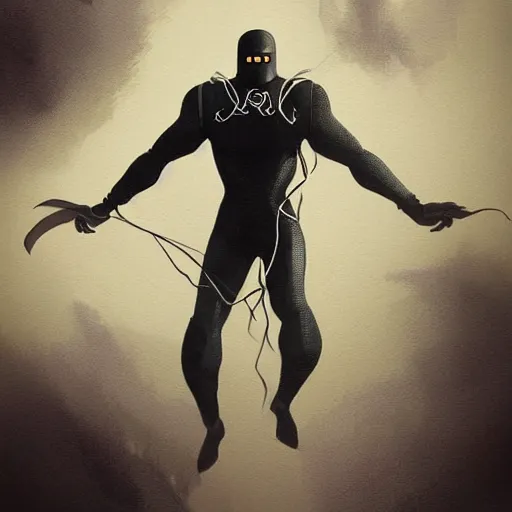 Prompt: a hero named rope man, his suit is black and blue and he has a bat like wing suit under it, mystic, concept art, artstation, greg rutkowski, reference sheet, rope is his weapon