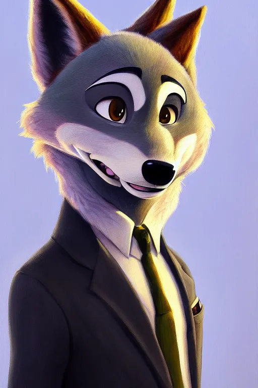 Image similar to oil painting of anthromorphic female wolf, in style of zootopia, female fursona, furry, furaffinity, 4 k, deviantart, furry art, fursona art, wearing black business suit, business suit, wolf fursona, female, smug expression,