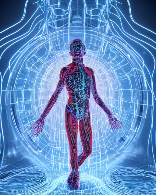 Prompt: a hyperrealistic human cyborg with limbs stretched out, tied with electrical cables connected to an infinite supercomputer, flood of color and images flowing from his head, tesseract, vitruvian man, 3 d render, octane, trending on artstation, concept art, insane details