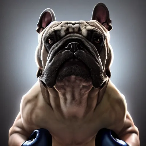 Image similar to centered detailed portrait of a bulldog in boxing gloves, realistic concept, gazing eyes, video game art, fantasy, illustration, slender symmetrical face and body, artstation, cinematic lighting, hyperdetailed, cgsociety, 8 k, octane render, golden ratio, postprocessing,