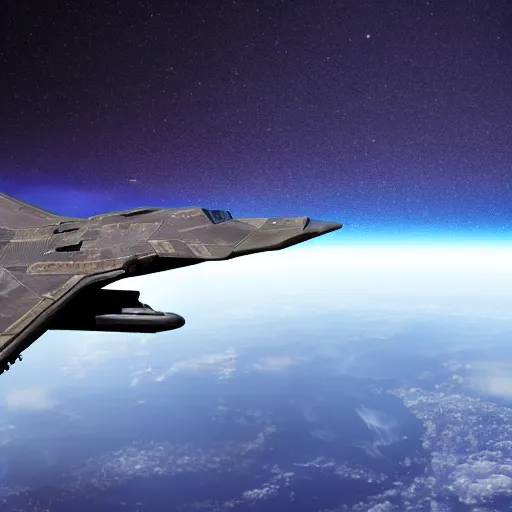 Prompt: fighter B2 bomber carrying peace sign flying in space.