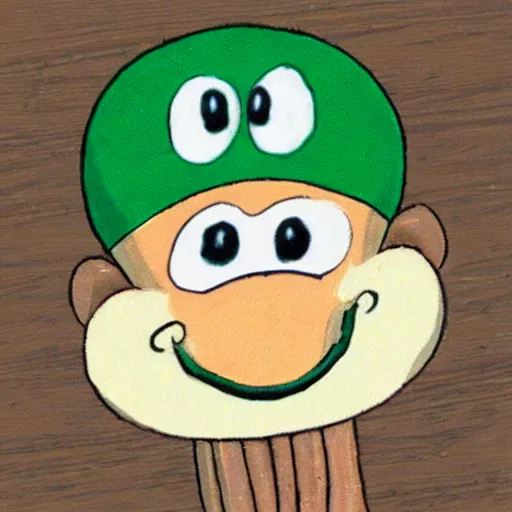 Prompt: a smiling cartoon green mushroom with a letter v on the hat, vineshroom