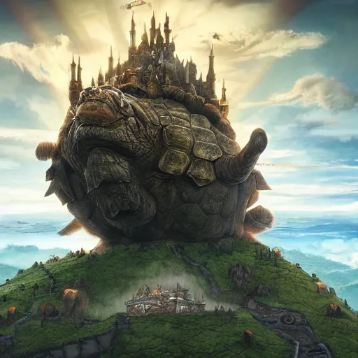 Image similar to large fantasy castle rising from the top of a giant tortoise, towering over a harsh wasteland with sharp rays of sunlight, howls moving castle, mortal engines, kaiju, distant - mid - shot, fantasy, hyper detailed, 4 k