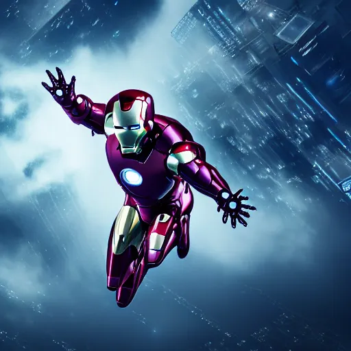 Image similar to A hyperdetailed photograph of a silver suit Iron Man flying through the skies of a cyberpunk, futuristic city, night, dense fog, rain, HD, 8K resolution