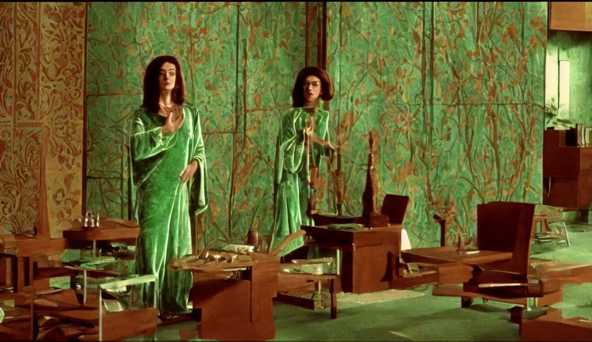 Image similar to a still of severance series indoor 7 0 s green velvet and wood with metal furniture office scenario appearing in a film of parajadnov, in movie color of the pomegranates ( 1 9 6 9 )