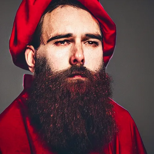 Prompt: a man with a long black beard in a red robe, portrait, realism, cyberpunk, manly beard