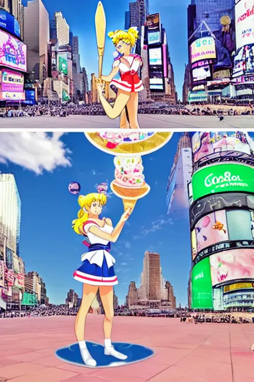 Prompt: Sailor Moon eating an ice-cream cone with green ice-cream, walking down New York Time Square, high detail, realistic