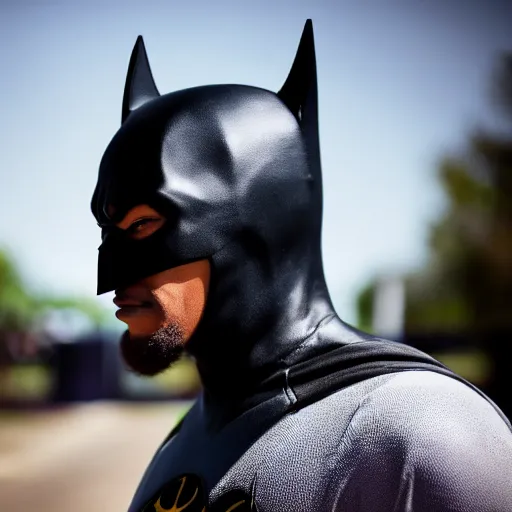 Prompt: photo of a black man wearing batman mask