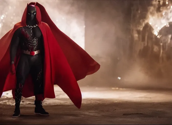 Image similar to film still of michael b jordan as spawn in the new spawn movie, giant chains, large cape, 8 k