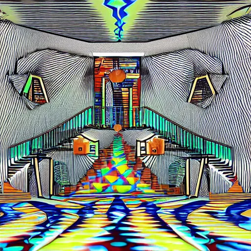 Prompt: a drawing of a room with a staircase, a computer rendering by howard arkley, cg society contest winner, psychedelic art, isometric, voxel art, vaporwave
