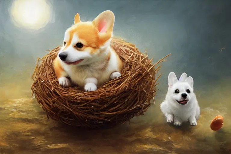 Image similar to a baby corgi crawling out of an egg laying in a nest, fantasy art, oil painting, concept art, 4 k, extremely detailed, realistic,