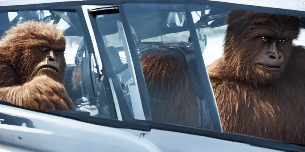 Image similar to sasquatch hanging out the window of a bmw race car