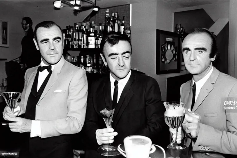 Prompt: sean connery and john lennon drinking martinis, color photograph, 1 9 6 0 s