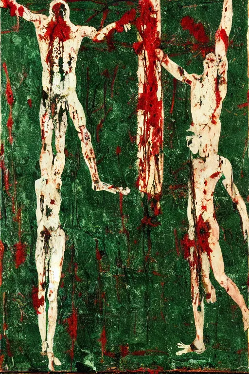 Image similar to green background with bloody christ crucified painted by cy twombly and andy warhol