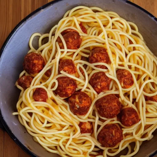 Image similar to On top of spaghetti, All covered with cheese, I lost my poor meatball, When somebody sneezed, It rolled off the table, And onto the floor, And then my poor meatball, Rolled out of the door