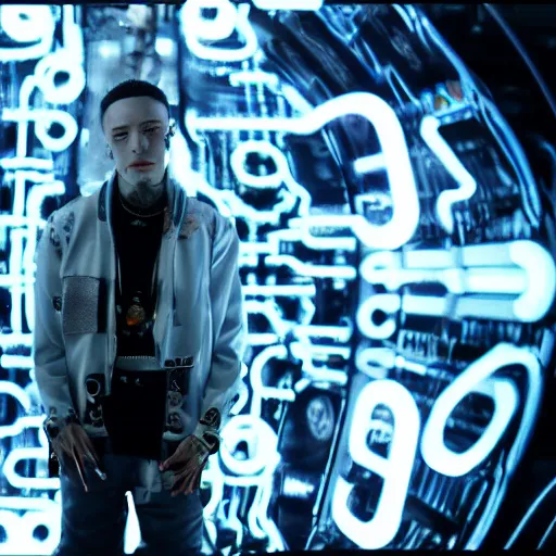 Image similar to a cinematic film still of rapper lil skies as a cybernetic cyborg, cgi, surrealism, film photography