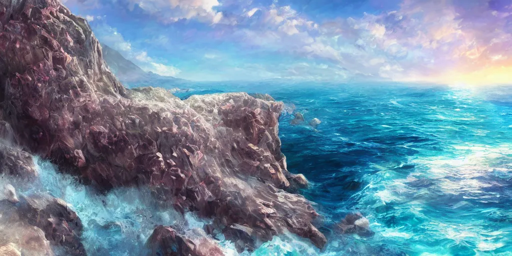 Image similar to sheer rugged crystal rose coloured quartz cliff, viewed from the ocean, illustration, bright sunlight, sun glints, sunrays, digital art, hyperrealistic, oil painting, fantasy, 8 k, trending on artstation, detailed