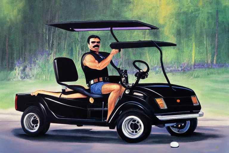 Image similar to black velvet painting of burt reynolds from smokey and the bandit driving a golf cart