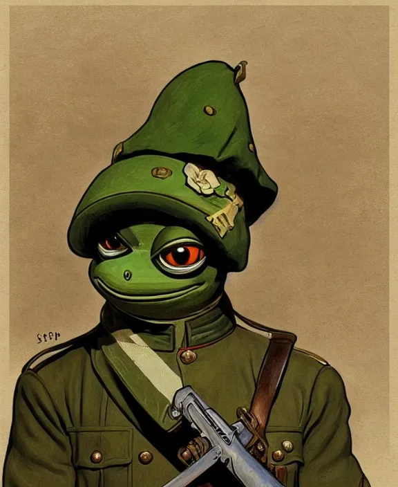 Prompt: Pepe the Frog in WW1 military uniform, Schutztruppe, German Empire, WW1, Tooth Wu Artgerm Greg Rutkowski Alphonse Mucha Beeple artstation deviantart, 8k, fanart, extreme aesthetic