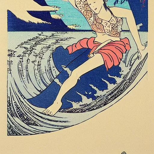 Image similar to girl surfing, woodblock print, style of hokusai, fine art, style of kanagawa, painting