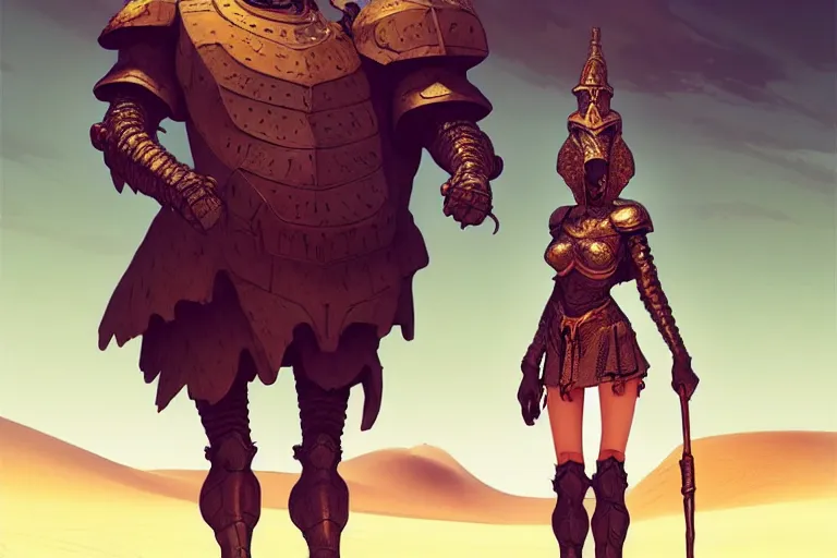 Prompt: a cute girl and big knight colosuss, crossing the desert, beautiful and aesthetic, detailed face, dramatic pose, full body, intricate, highly detailed, smooth, sharp focus, trending on artstation, art by lack lalala and ilya kuvshinov and rembrandt and greg rutkowski, fantasy illustration