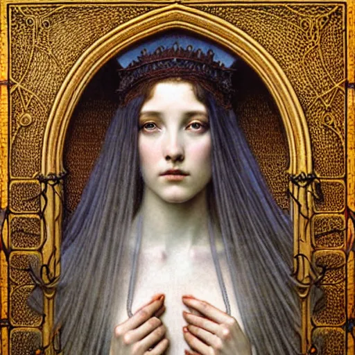 Prompt: detailed realistic beautiful young radiant medieval queen portrait by jean delville, gustave dore and marco mazzoni, art nouveau, symbolist, visionary, gothic, pre - raphaelite, horizontal symmetry