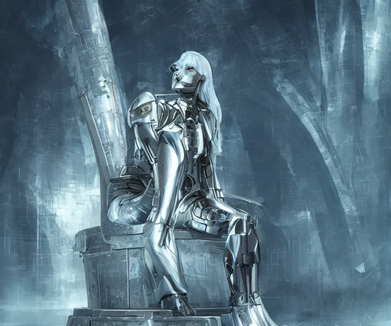 Prompt: translucent cyborg sitting on a metal throne, futuristic castle background, fantasy sci - fi, sharp lines, metallic, 2 0 0 mm