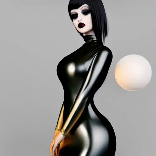 Prompt: a feminine curvy pale hot goth sweetie wearing a modest tight silver, gold, and black latex-nylon high-neck dress, dark eyeshadow, eyelashes, cgsociety, photorealistic, sublime-hyperadvanced-amorous ambience, 16k, smooth, sharp focus, trending on ArtStation, volumetric lighting, fully clothed, thin waist