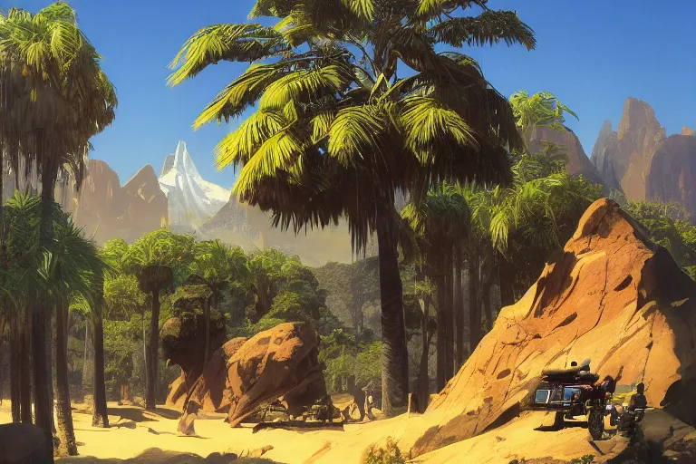 Image similar to natural american landscape | robot greeting another robot | palm trees | snowy mountains, painting by syd mead and weta studio and james jean, frank frazetta, highly detailed, rule of third, soft lighting, 8 k resolution, oil on canvas, architectural magazine, beautiful detailed, insanely intricate details, artstation trending, hypermaximalistic, high details, cinematic