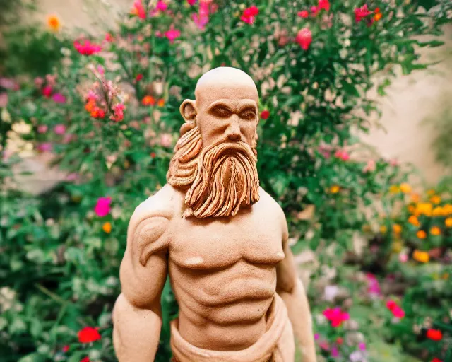 Prompt: 8 5 mm food photography of kratos made of sand near a garden with dof and bokeh and flowers o