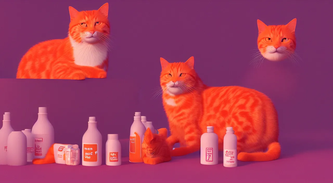 Prompt: An orange cat is smiling, 2 bottles of medicine next to the cat, retro wave, pink hues, octane render,