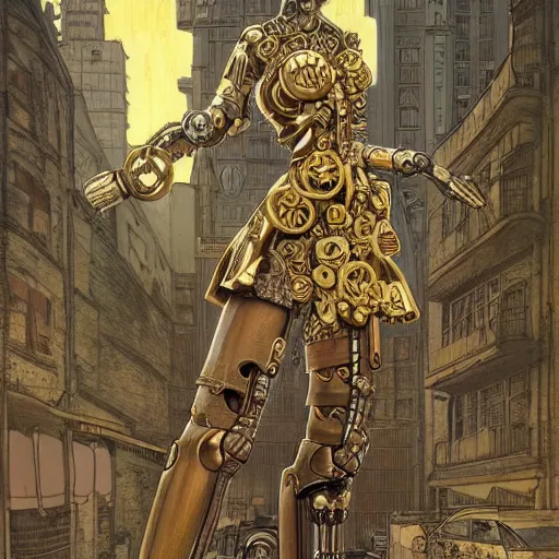 Prompt: brass semi - mechanical woman, floral art novuea dress, art by moebius, john bauer, in steampunk cityscape designed by victor horta, golden hour, dark shadows, robotic prosthetic limbs, symmetrical