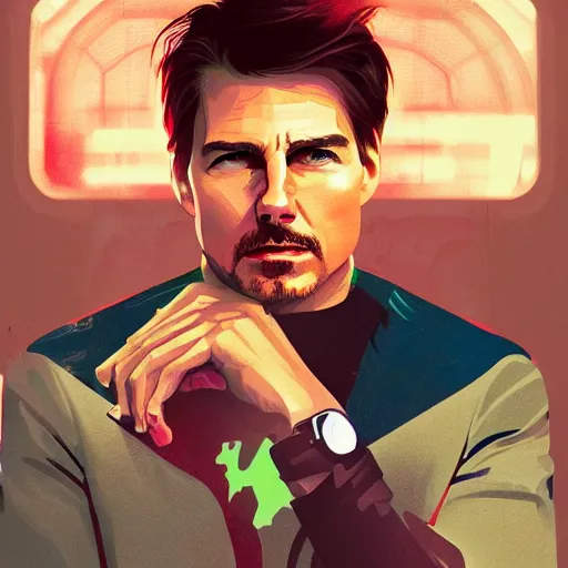 Image similar to Tom Cruise as Tony Stark, ambient lighting, 4k, alphonse mucha, lois van baarle, ilya kuvshinov, rossdraws, artstation