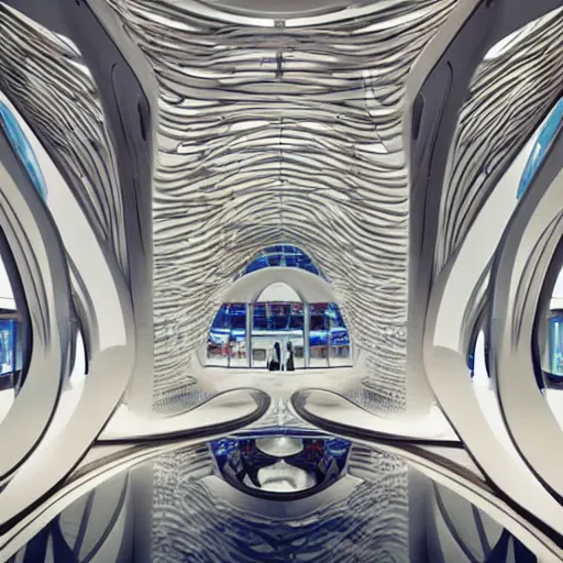 Image similar to extremely detailed ornate stunning beautiful elegant futuristic museum lobby interior by Zaha Hadid