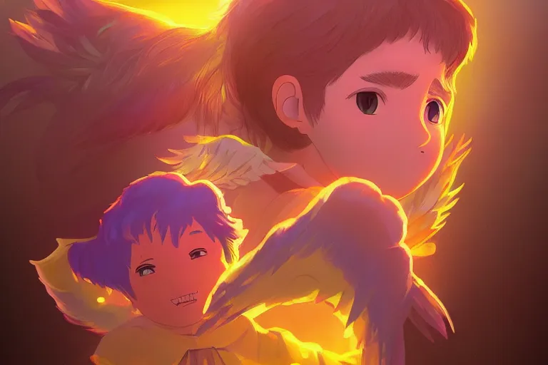 Prompt: a halfling with golden wings. 4 k digital paint by studio ghibli hayao miyazaki. vivid colours, vaporwave lighting style, intricate, very sharp and detailed. trending on artstation and behance.