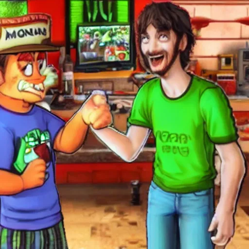 Prompt: vinesauce joel pointing at vinesauce vinny saying bogan burger, meme, realistic, hdr, clear image,