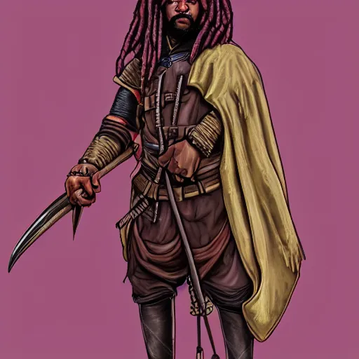 Prompt: a medieval hunter with african ethnicity and dreadlocks, plum color scheme, fantasy character portrait