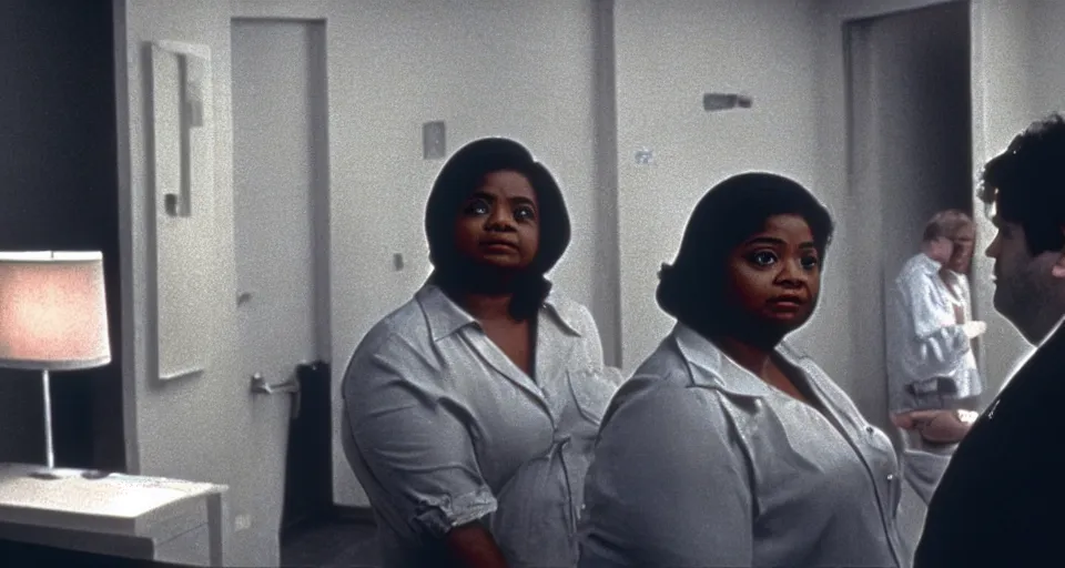 Image similar to cinematic shot from a 1 9 8 5 thriller, a octavia spencer implants device in joe manchin's ear, in the near future, film directed by stanley kubrick, color theory, apartment design, leading lines, photorealistic, volumetric lighting