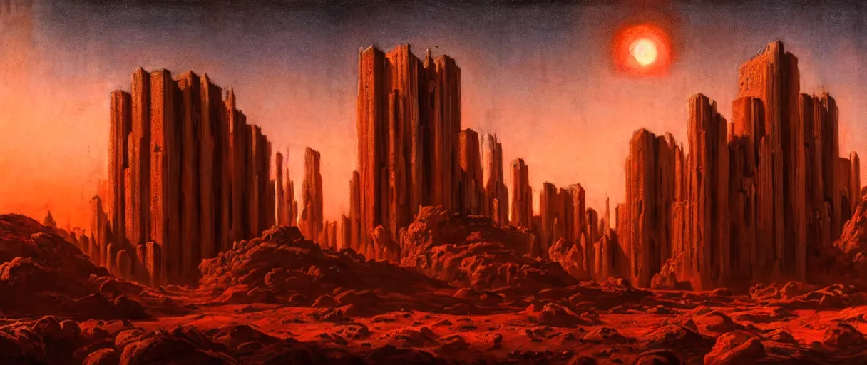 Image similar to hyperrealistic hyper detailed night shot of neo-baroque mars colony with brutalist monuments and giant carnivorous flowers matte painting concept art key sage gustave courbet very dramatic orange and blue lighting high angle hd 8k sharp shallow depth of field