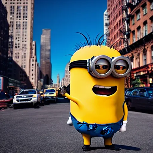 Prompt: 4 k instagram photo of a huge minion walking in new york city